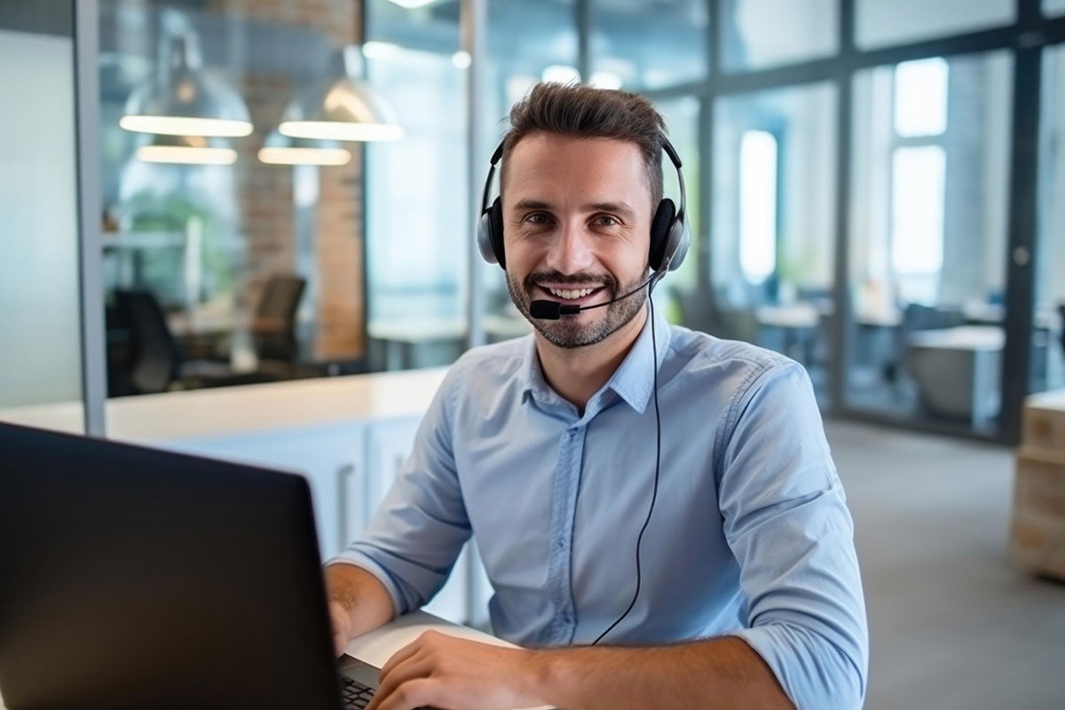 Smiling Remote Computer Support Technician With Headset At His Desk in an Office
